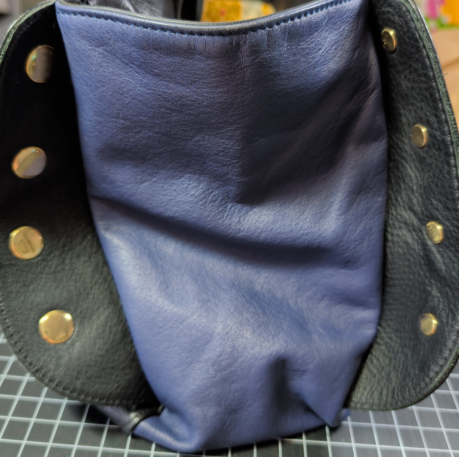 Emma Fox Colorblock Turnlock Studded Double Handled Satchel Black Blue Beige