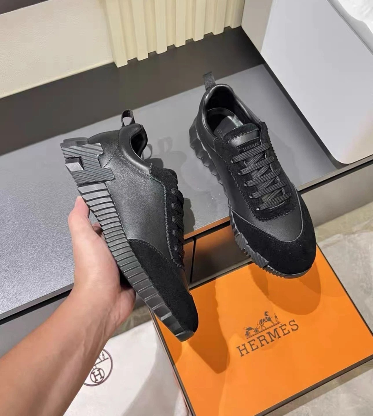 Hermes Bouncing Triple Black Calfskin Lace Up Sneakers Shoes Unisex Euro 36-45