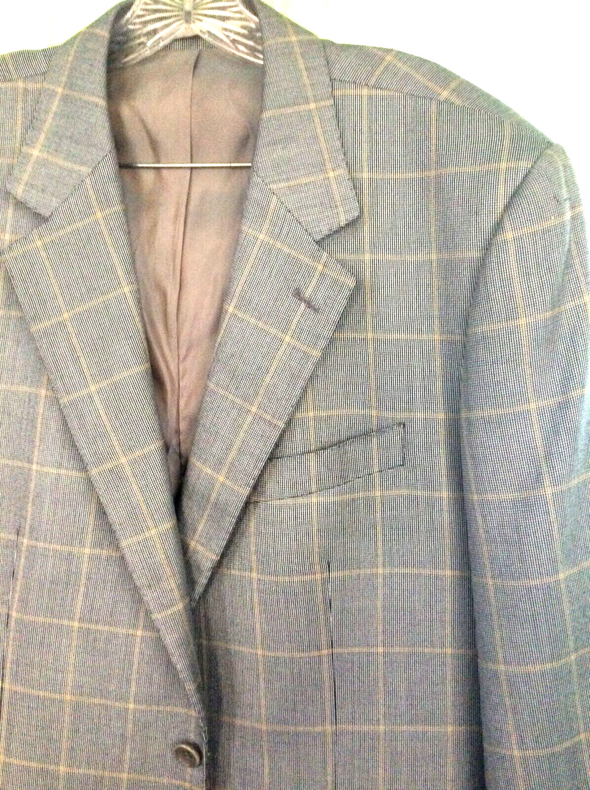 MENS SZ 44 R E. THOMAS COAT SUIT JACKET SMOOTH Checks on Gray Wool Silk