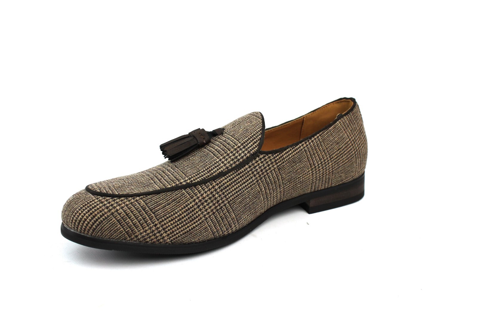 Mens Slip On Loafers Tan Brown Houndstooth Plaid Dress Shoes Leather Tassel AZAR