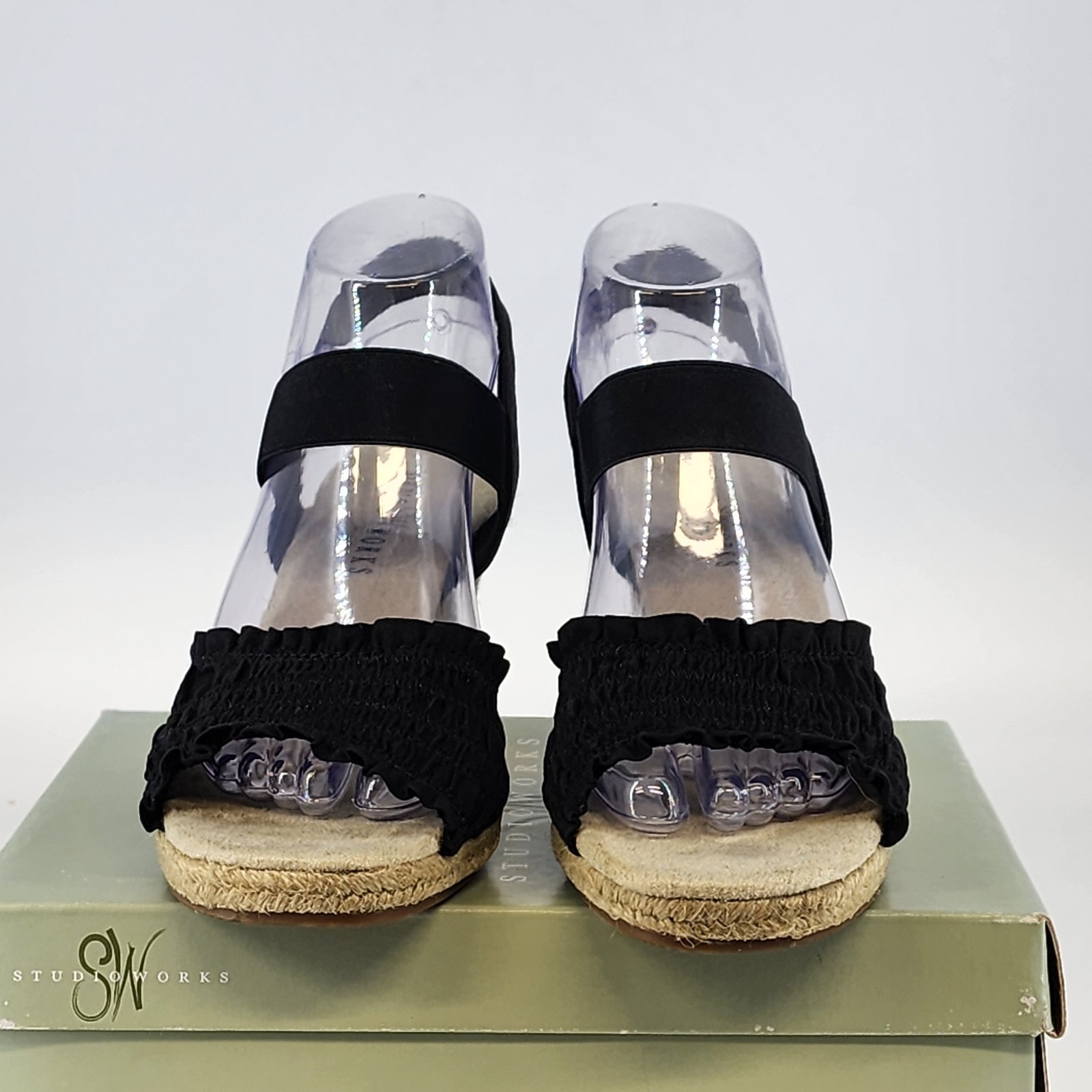Studio Works St Martin Black Sandals 3.5″ Straw Heel Women 9M Tan Insole w Box
