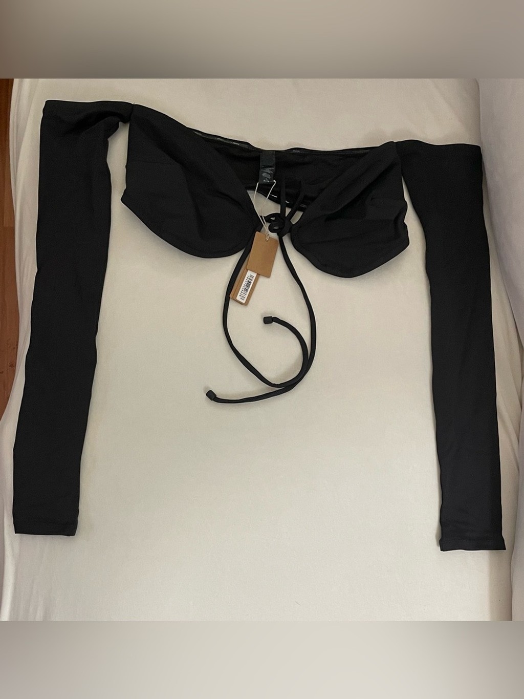 Skims NWT Swim Long Sleeve Bikini Top Only Black Onyx Strapless Tie-Front Size S