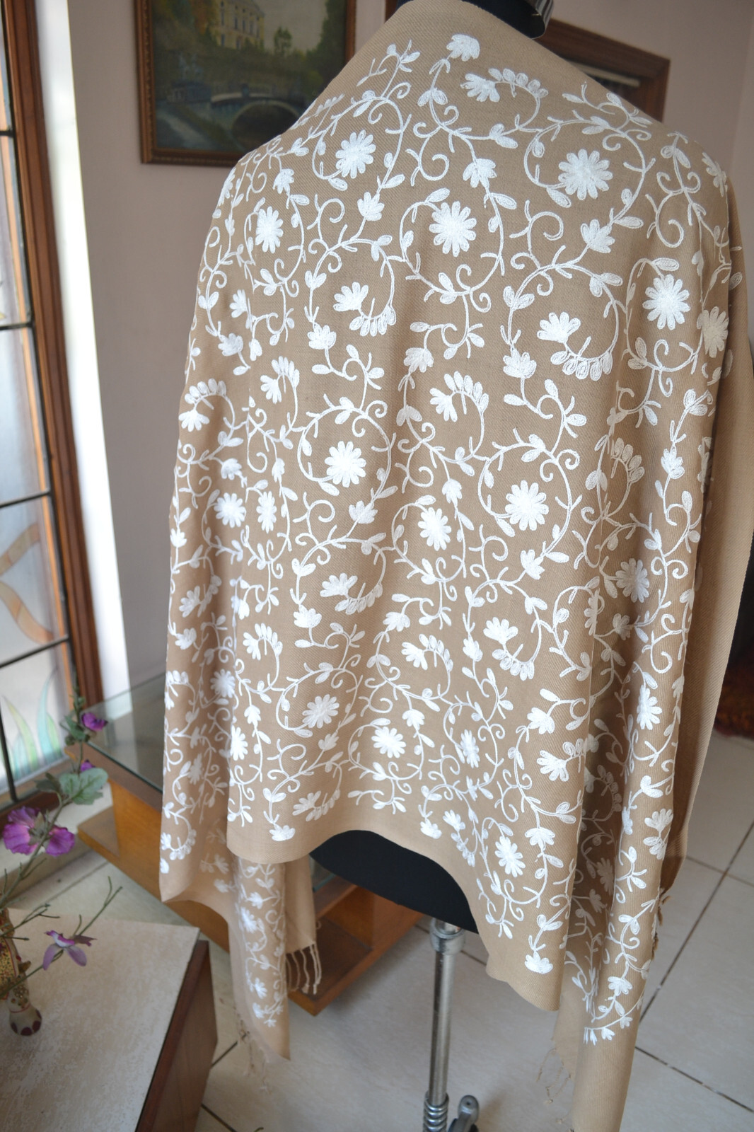 KASHMIRI PASHMINA ~FLORAL CREWEL ALL EMBROIDERY STOLE~CASHMERE :3 COLOR CHOICE