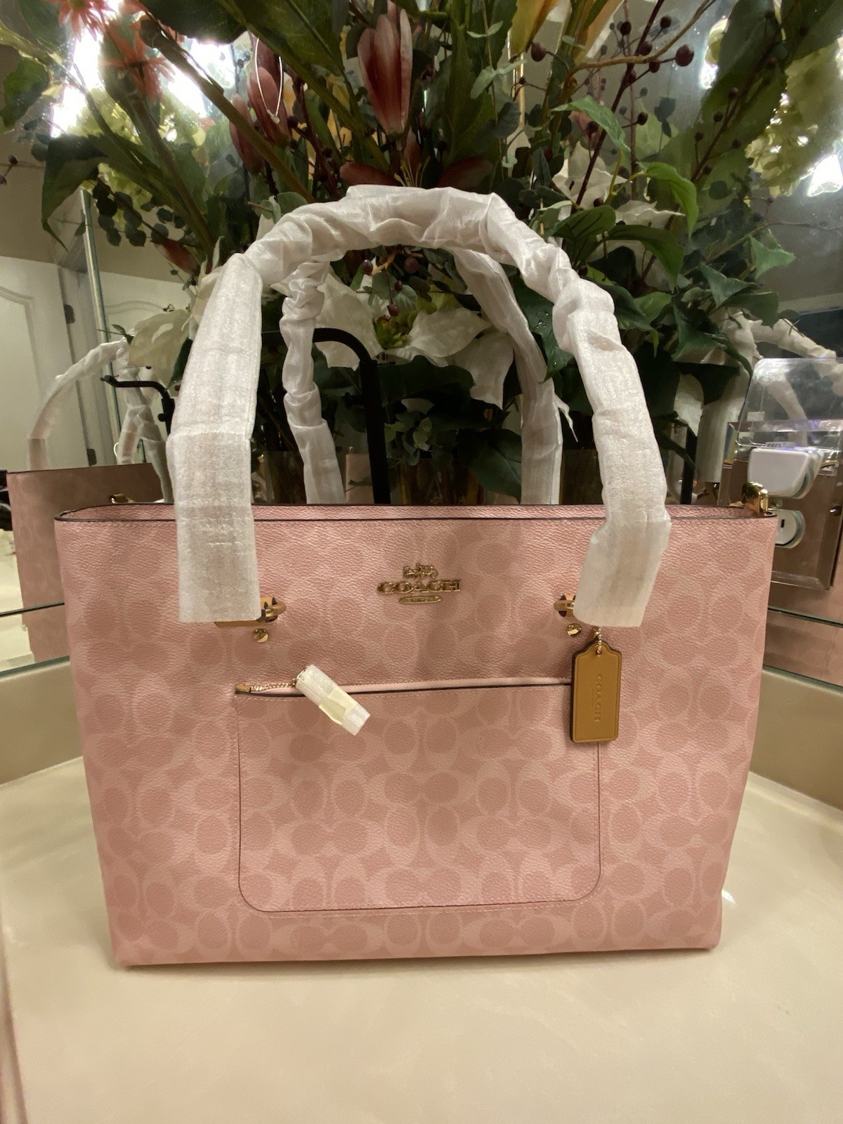 Coach Pink Signature Logo Crossbody Bag Top Handle Zip Gold Hardware Bag Charm