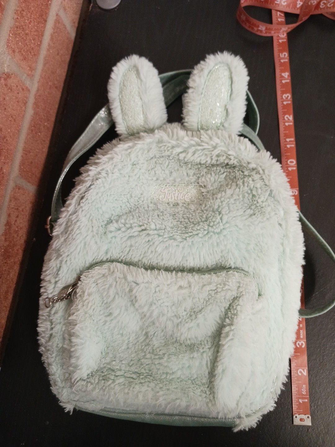 Justice Bunny Mint Plush Mini Backpack Soft Faux Fur Sequin Ears Zipper Pockets