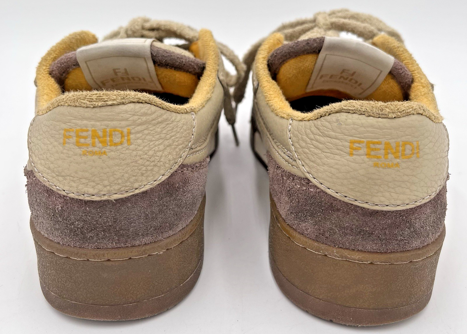 Fendi Match Low Top Bicolor Yellow/Beige Suede Leather FF Logo Sneakers Womens 8