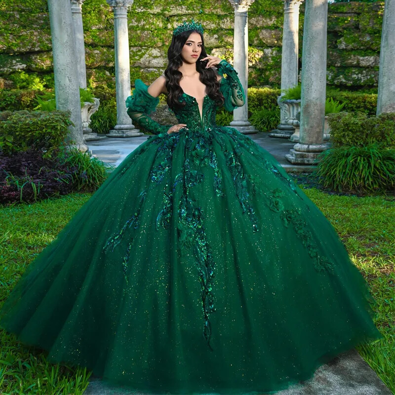 Emerald Green Off-Shoulder Sequin Ball Gown Quinceanera Dresses With Sleeves