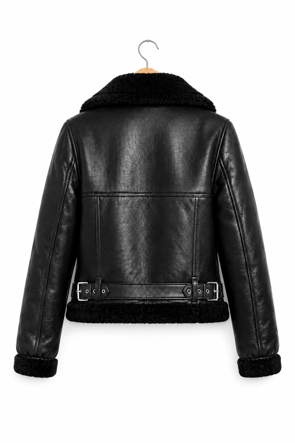 Women’s Black Faux Shearling Leather Jacket – Aviator Biker Winter Coat