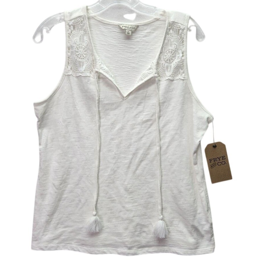 FRYE & CO Snow White Sleeveless Tank Top Lace Tassel Ties Boho Festival Retro L