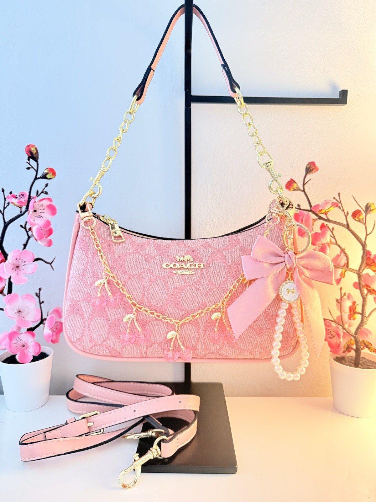 Coach Signature Logo Pink Shoulder Bag Zip Detachable Strap Gold Chain Bow Charm