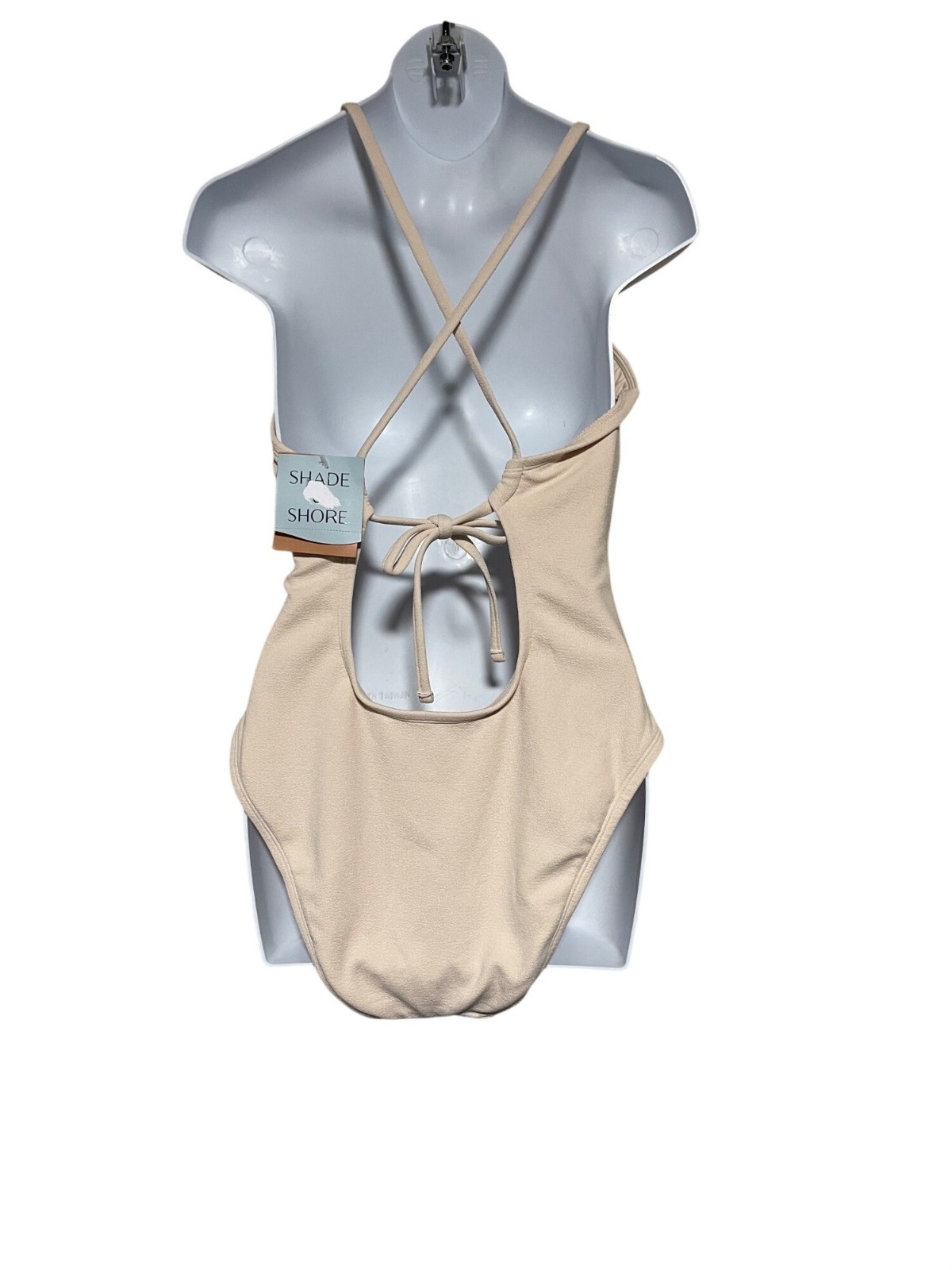 Shade & Shore Beige One Piece Swimsuit Jade Bead Accent Crisscross Back Medium