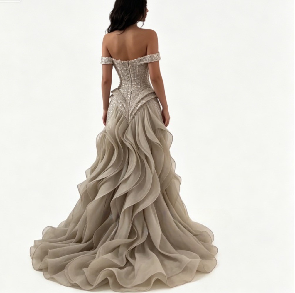 Evening Gown Beaded Straps Off-the-Shoulder Layered Wave Train Mermaid Ball Gown