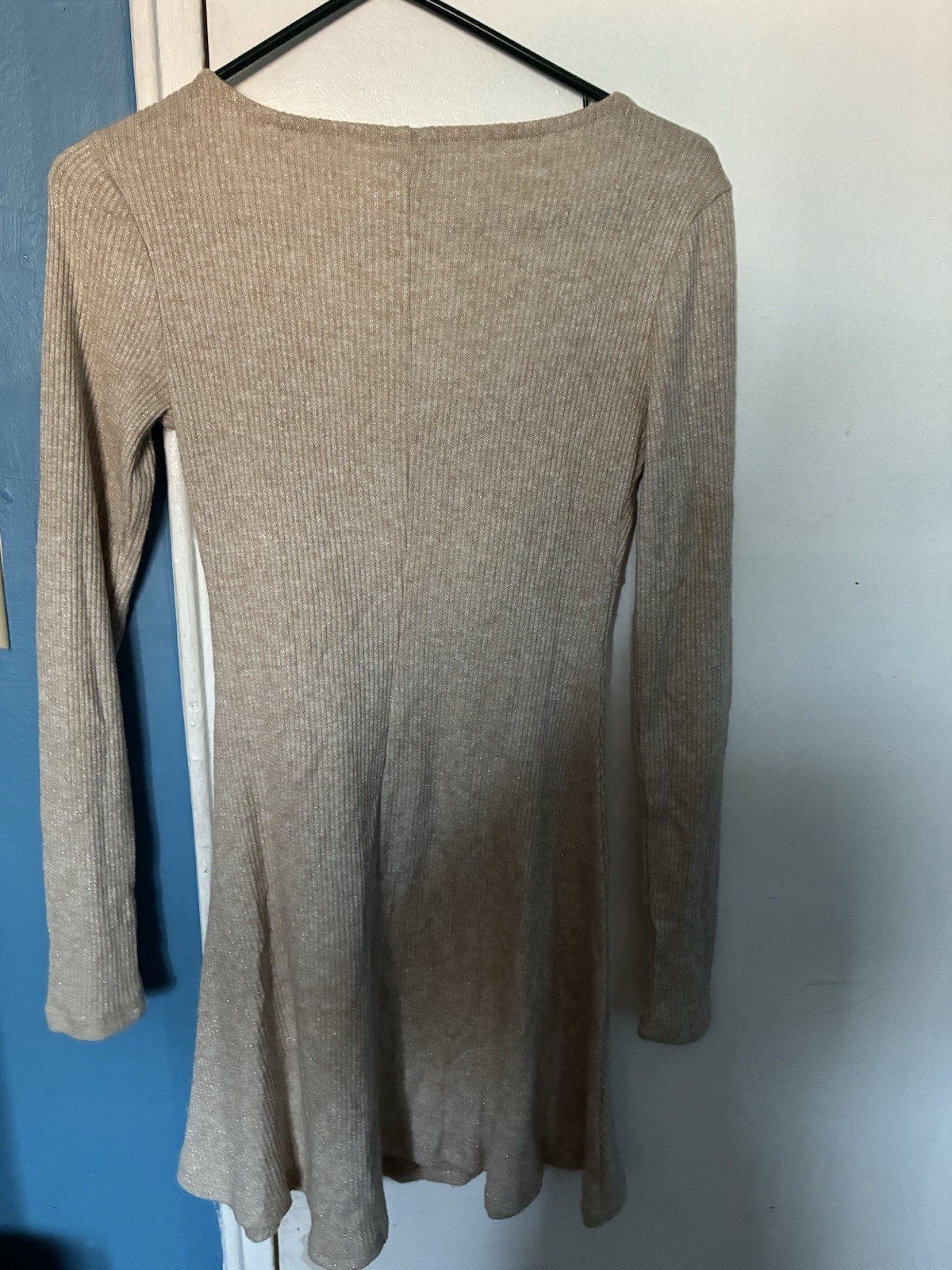 Beige Solid Ribbed Knit A-Line Dress S Scoop Neck Long Sleeve Tie Accent
