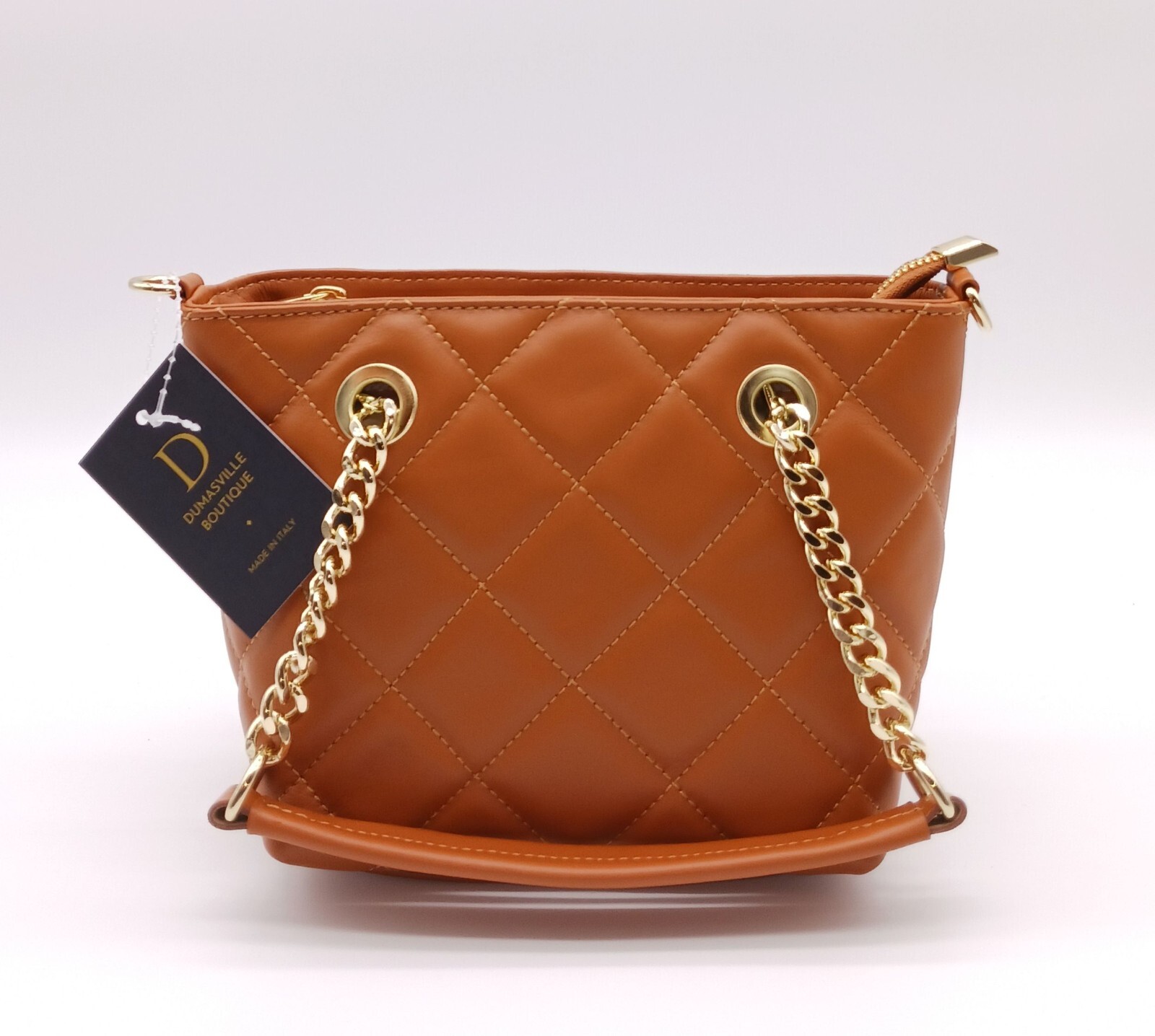 Italian Genuine Leather Small Quilted Tote Crossbody – Made In Italy – Cognac