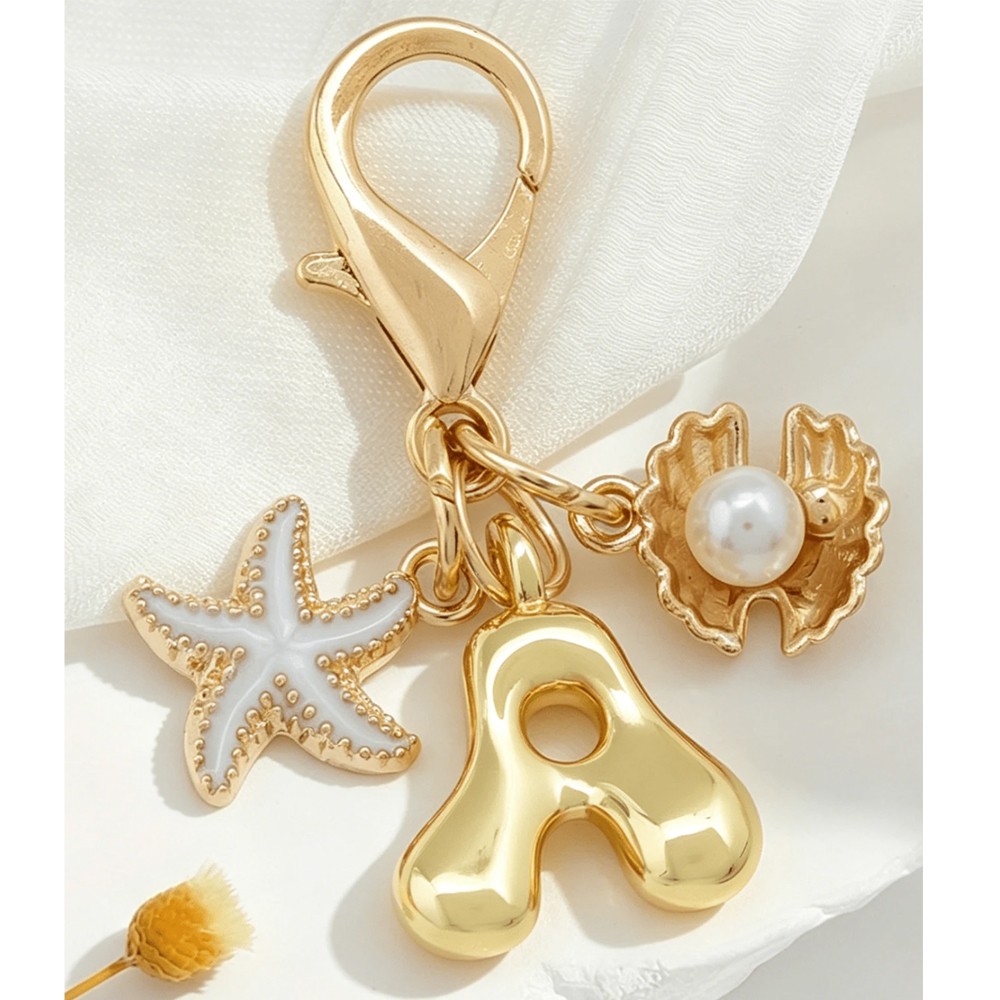 1PCS Gold A-Z Bubble Alphabet Keychain Starfish Shell Bag Charm Gift for Women