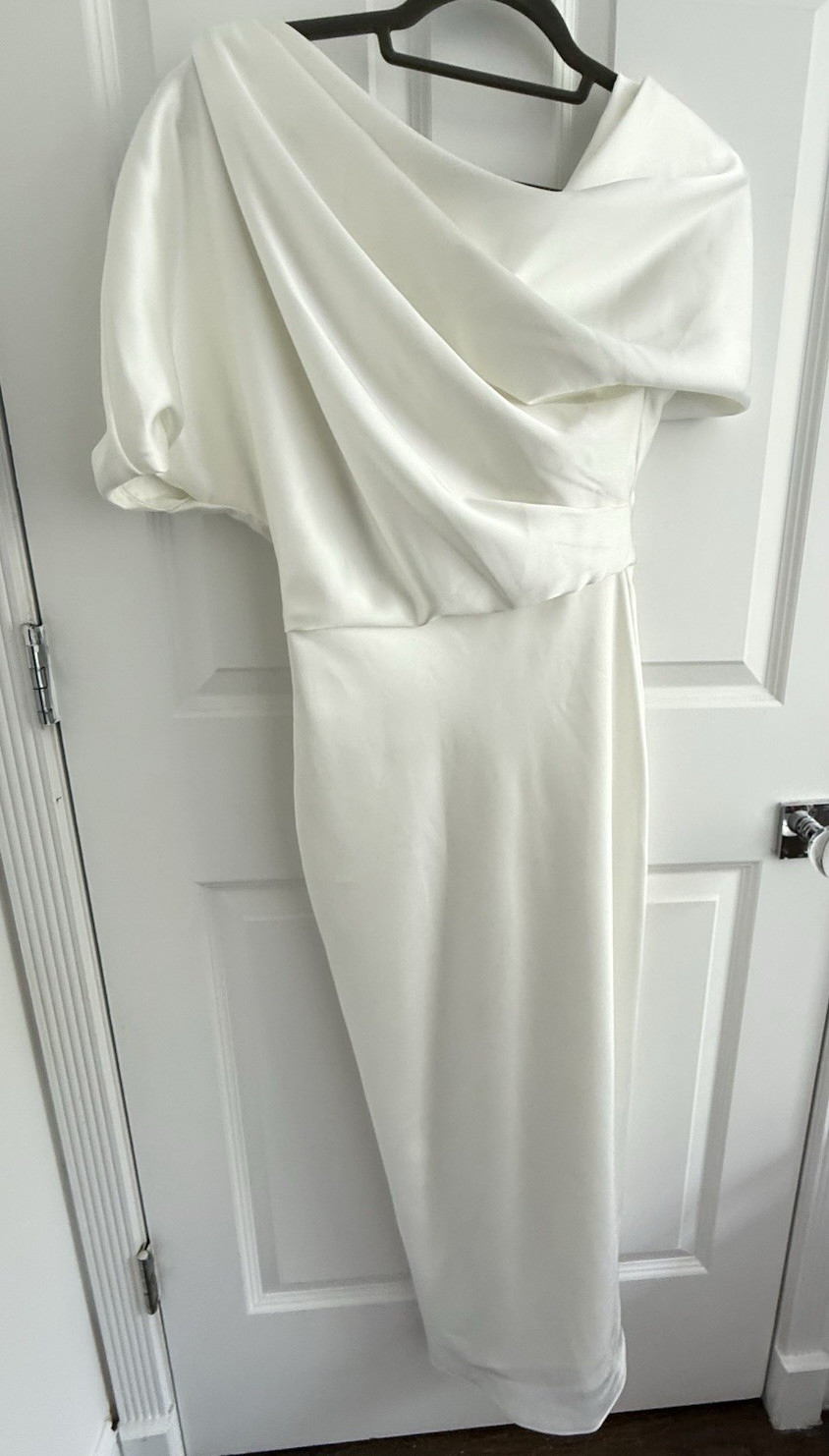 Amsale White Satin Draped One Shoulder Bodycon Pencil Midi Dress Size 2
