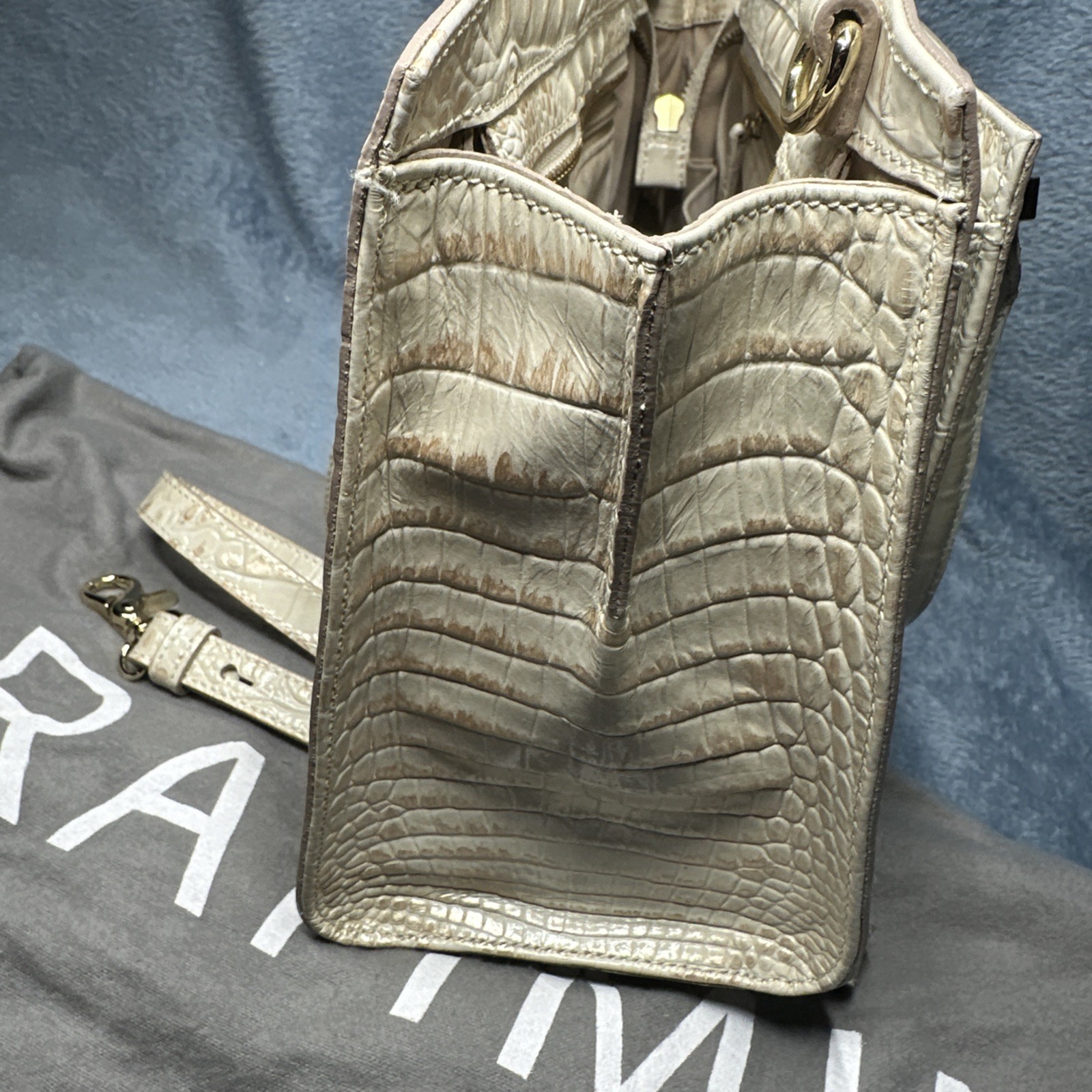 Brahmin Greta Satchel Bag With Crossbody Strap Cream Gold Croc Embossed