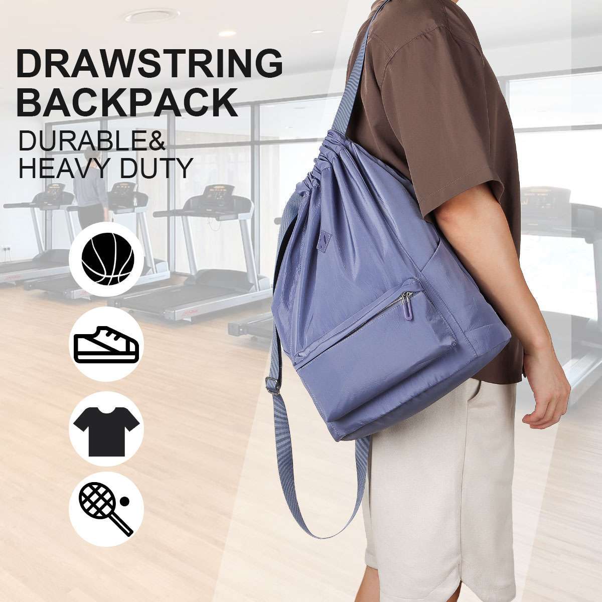 Drawstring Backpack Zipper Side Pocket Sport Gym Waterproof Cinch Sack Pack Bag