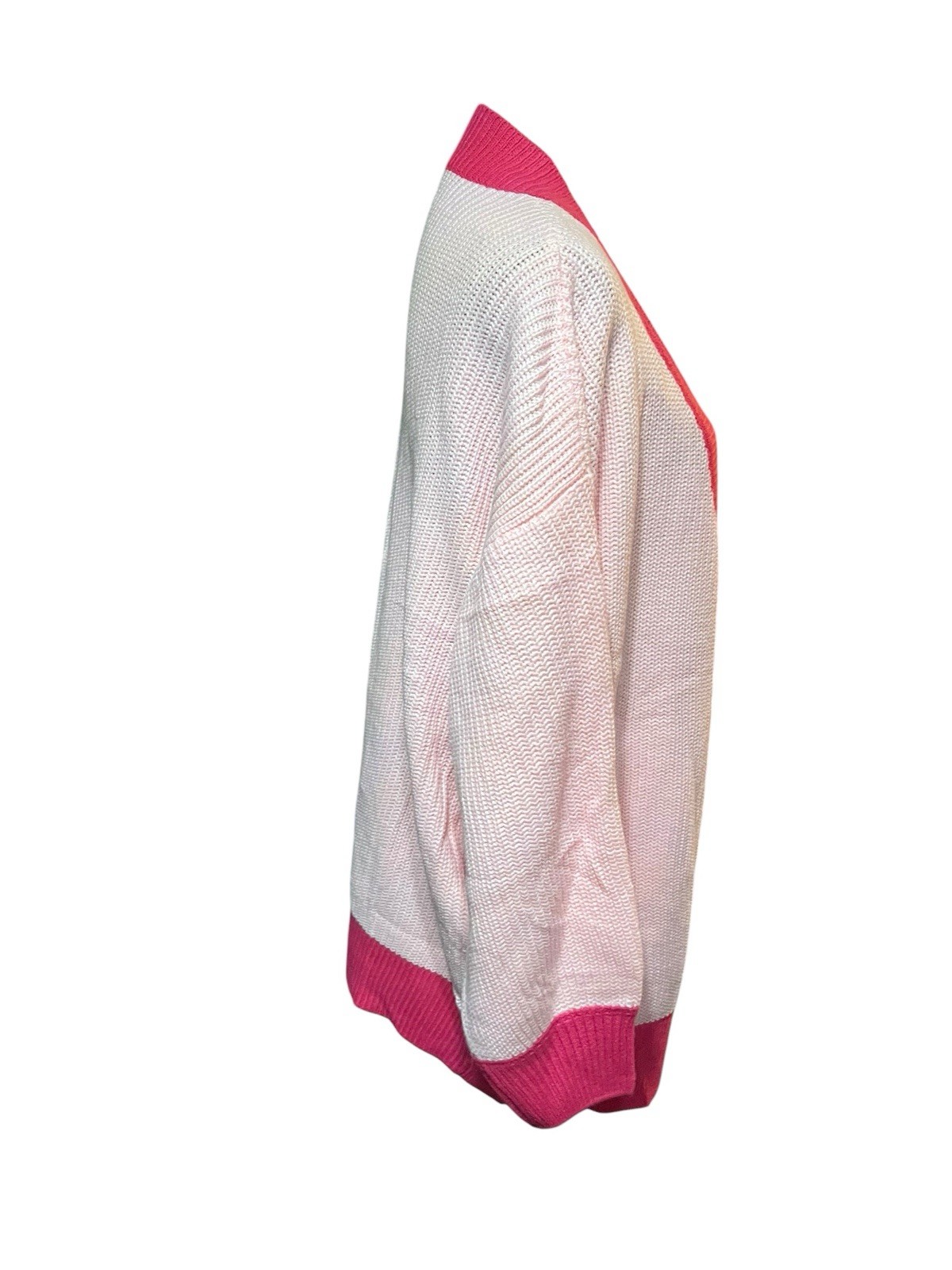Two Tone Bright Pink Color Block Cardigan Preppy Glam Girlie Librarian Sz L