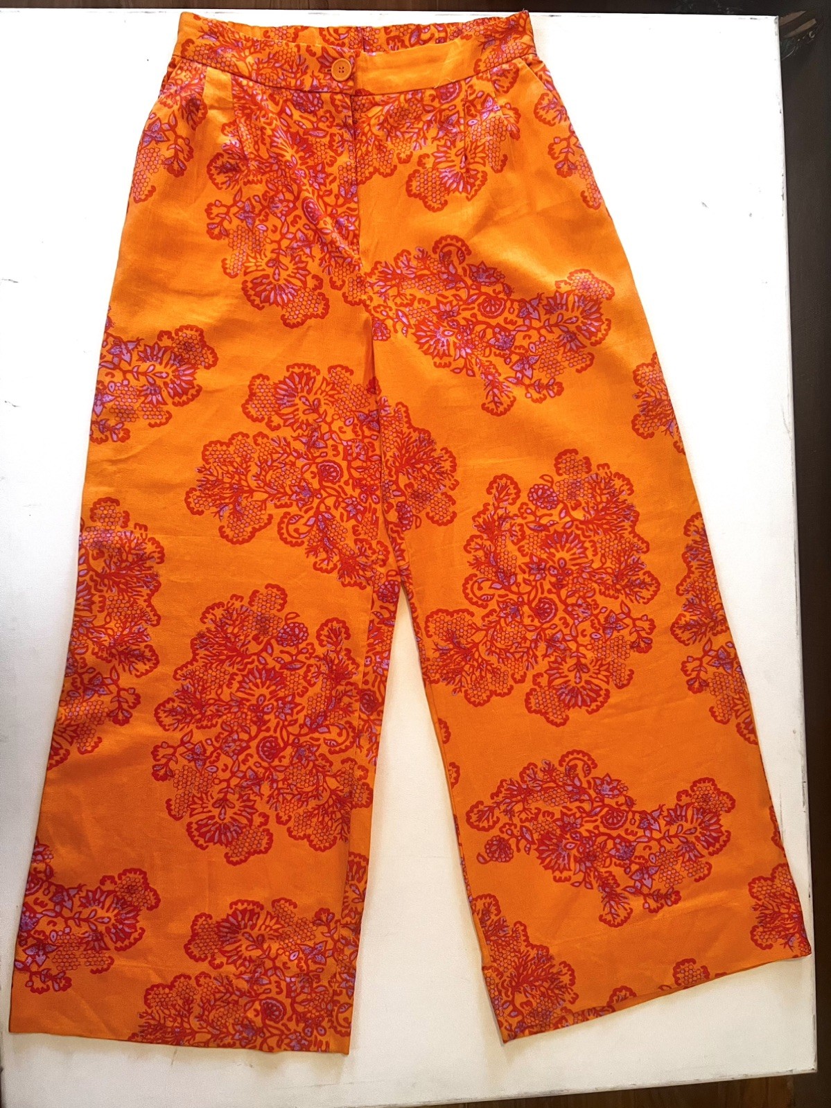 Caroline Constas Wide Leg High Waist Linen Pants Sz Medium Orange Purple Paisley