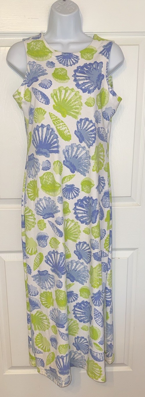 Ana Clare Sz Small Emilee Seashell Print Sleeveless Cotton Maxi Shift Dress EUC