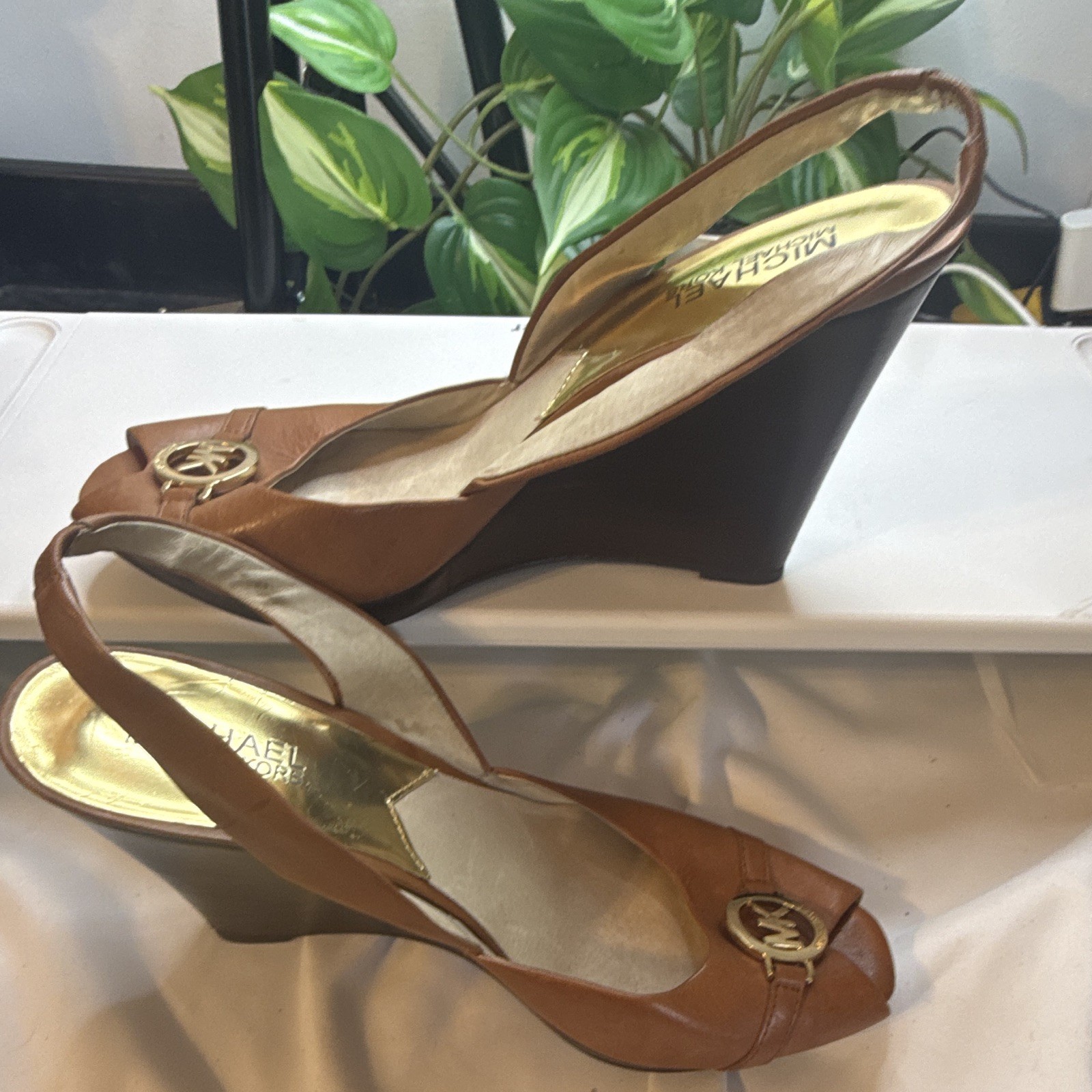 Michael Kors Women’s Brown Leather Peep Toe Slingback Wedge Heel Logo US 9.5 M