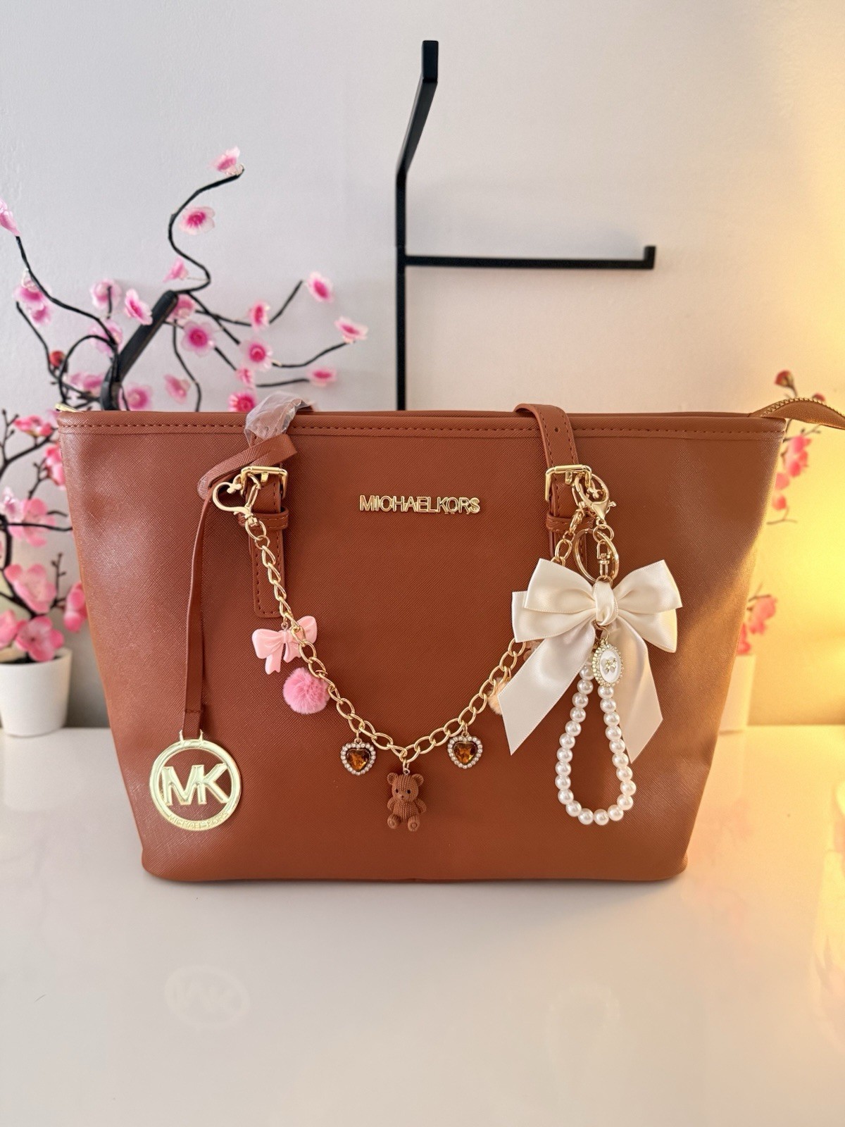Michael Kors Teddy Bear Charm Bow Pearls Chain MK Logo Keychain Brown/Gold
