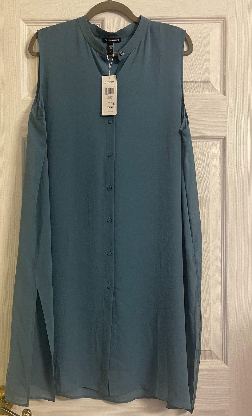 NWT $248 Eileen Fisher River Sheer Silk Georgette Mandarin Collar Shirt M XL