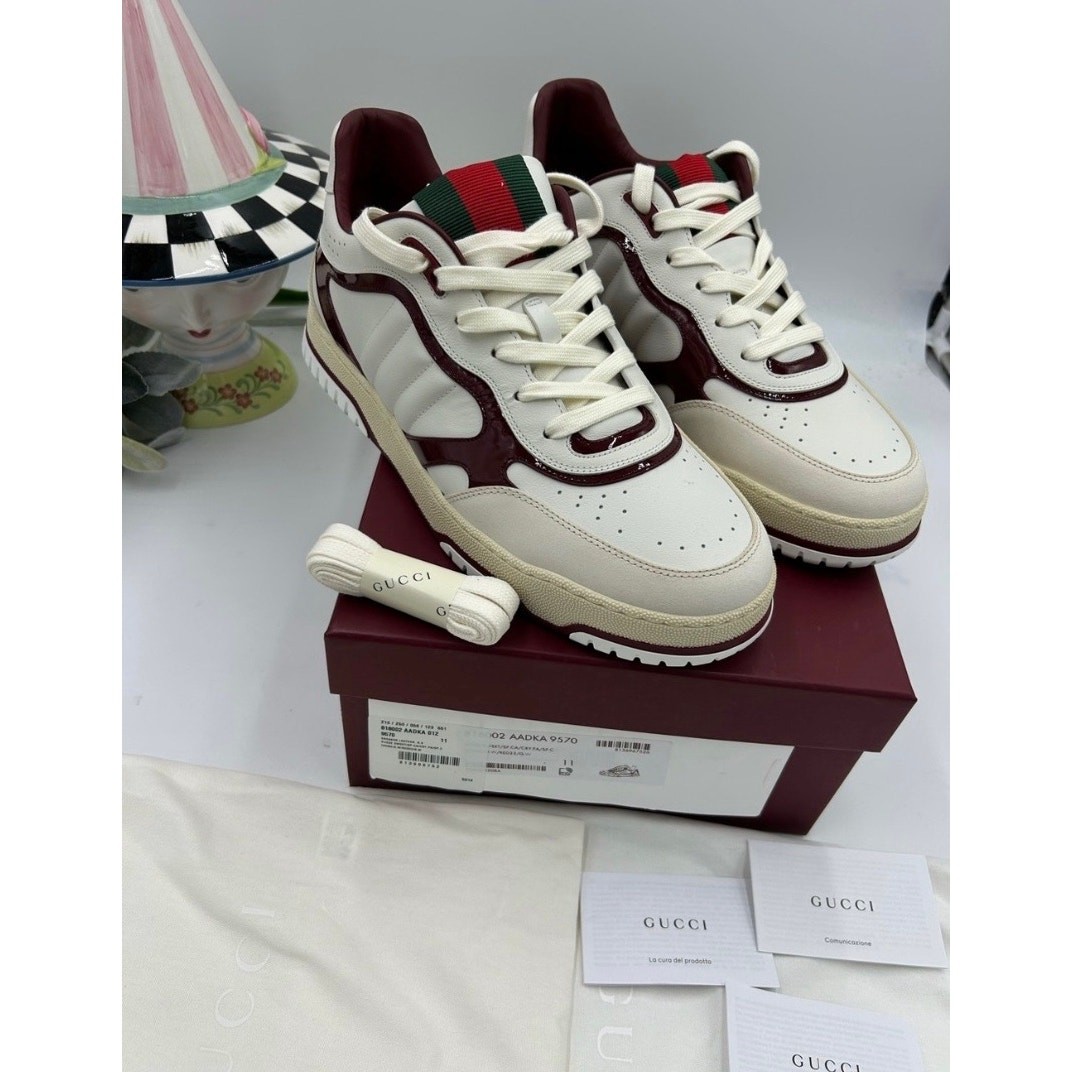 Men’s Gucci re-web sneakers in white leather and patent trim sz 11 fits 11.5 US