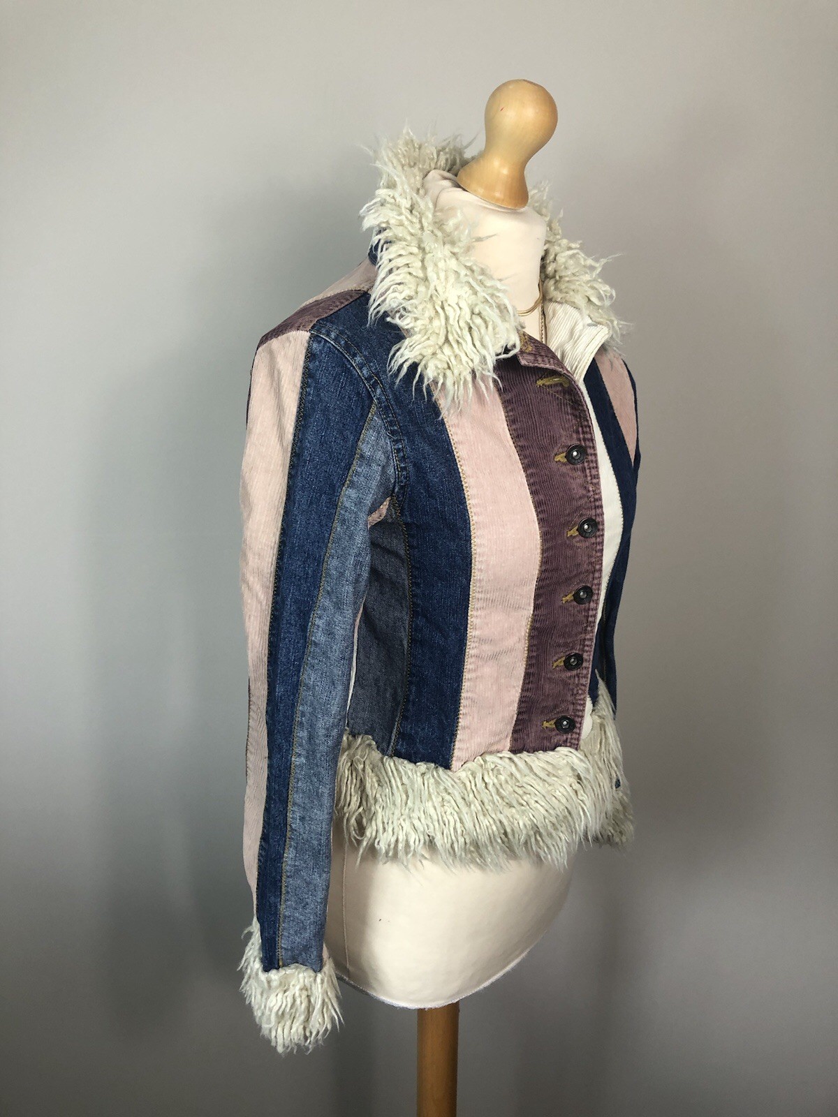 Miss Posh Denim Cord Striped short Penny Lane Afghan coat Jacket Size 8