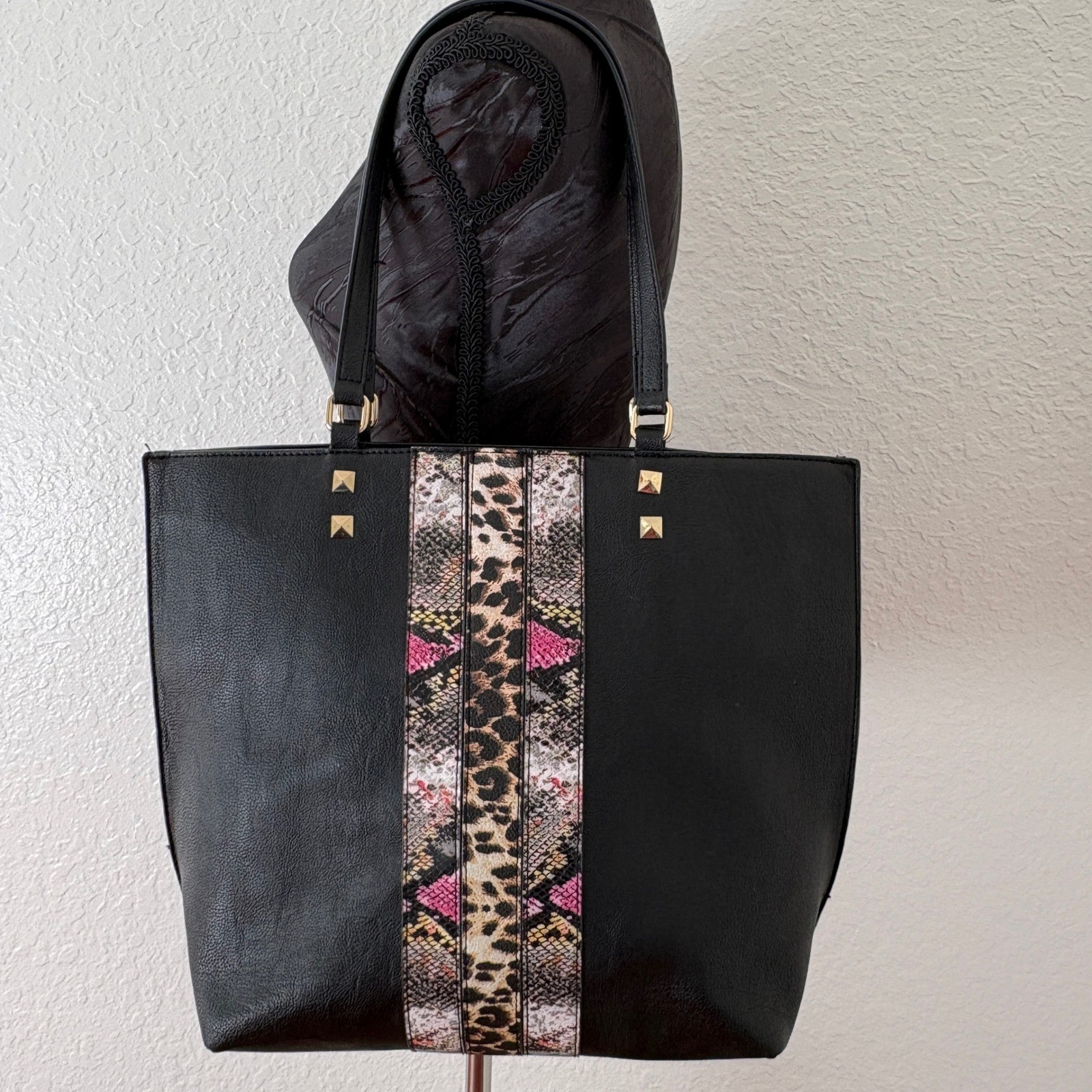 Betsey Johnson Black Tote Bag Leopard Pink Snakeskin Stripe Gold Studded Studs