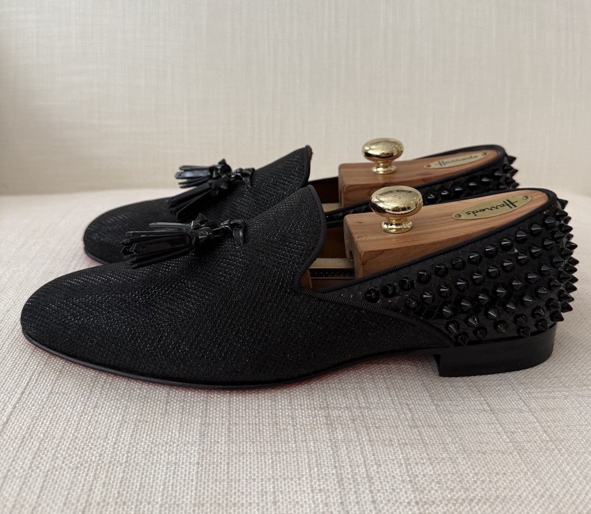 Christian Louboutin Dandelion Tassel Black Glitter Spike Mens Loafers Size 42