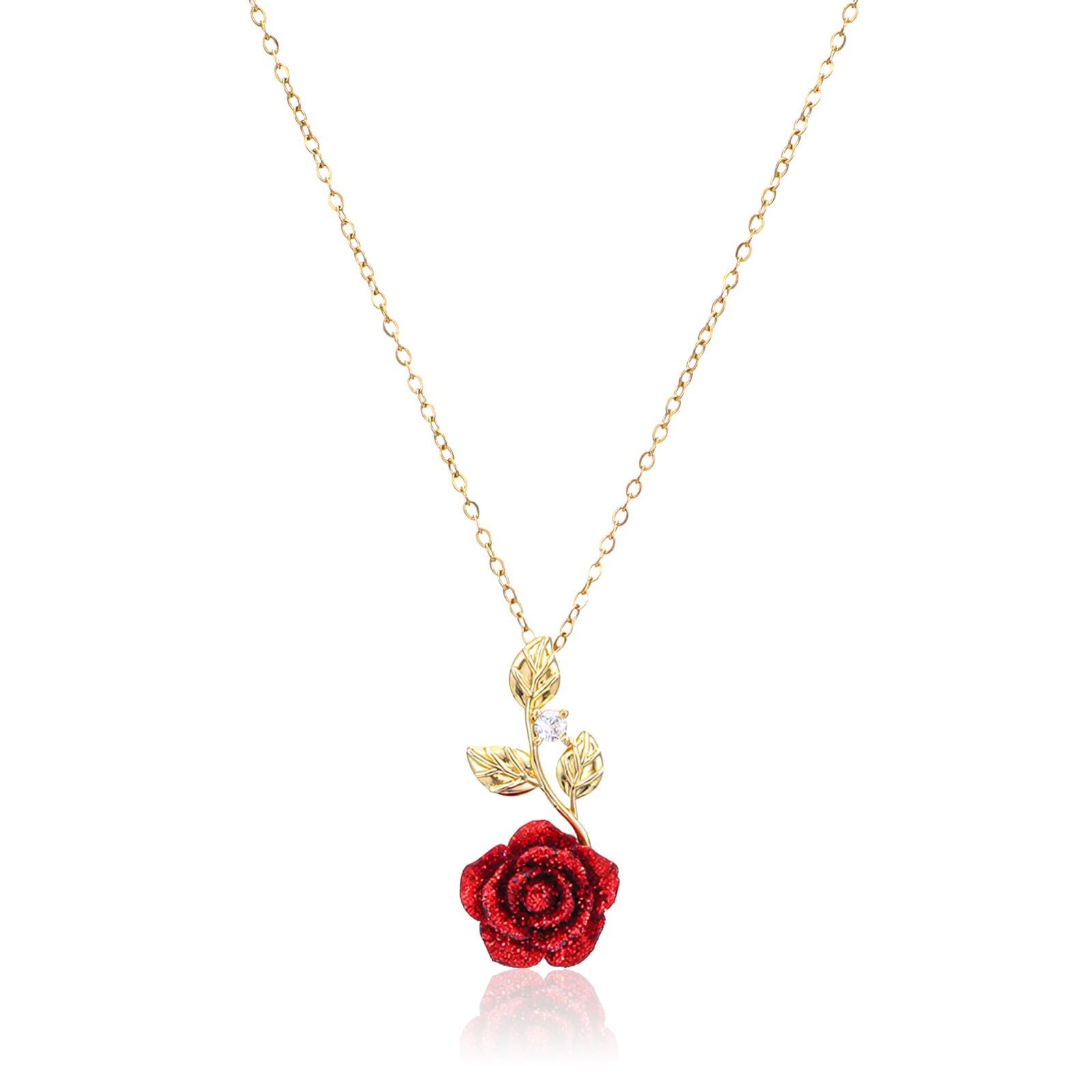 XLIUAX Rose Necklace, Red Necklace 40 + 6 cm / 15.7 + 2.36 in, Red, Gold