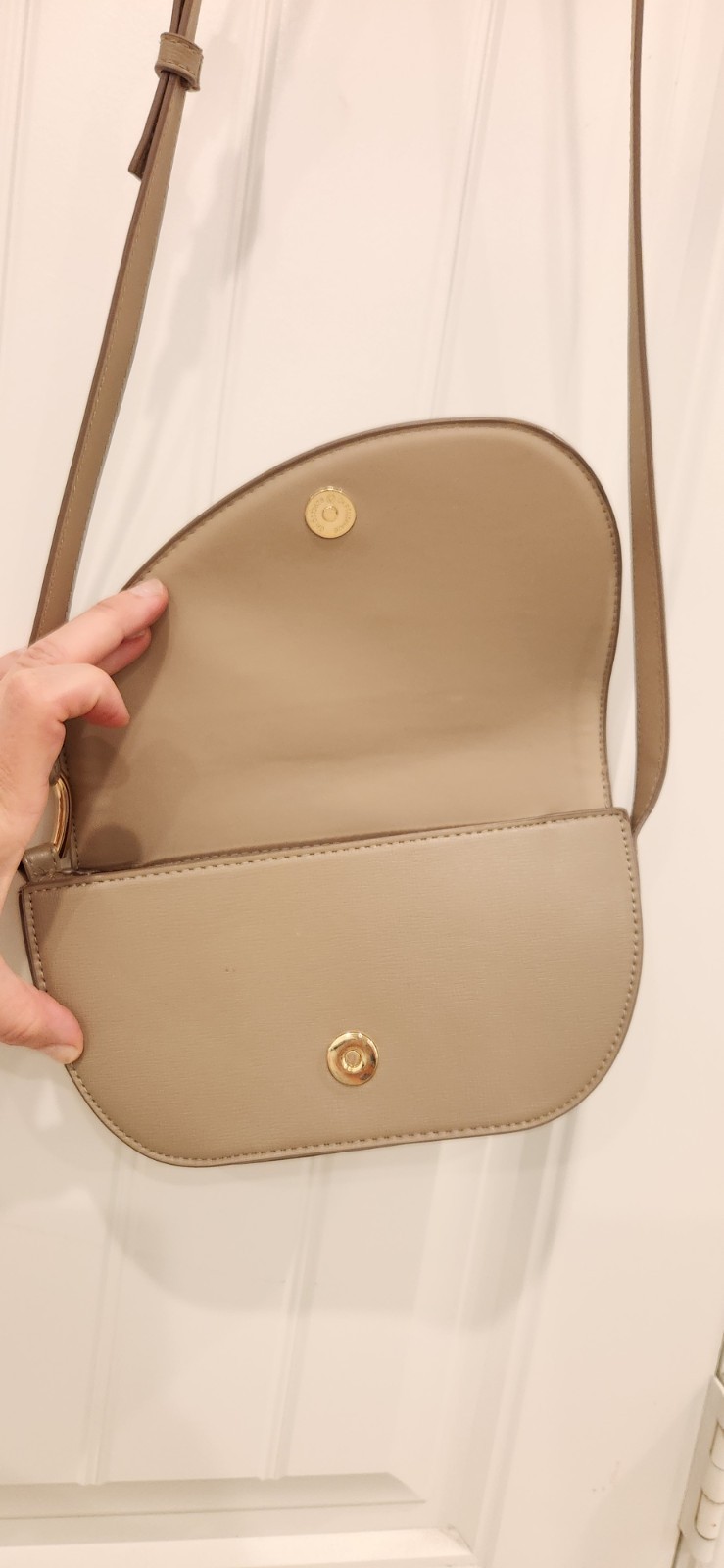 H&M Taupe Solid Semi-Circle Crossbody Bag Snap Closure Gold Hardware Pockets