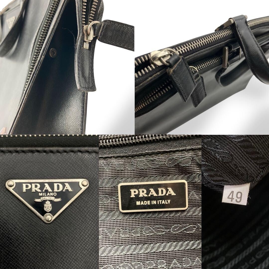 Prada Saffiano Leather Black Briefcase Business Bag Triangle Logo Auth