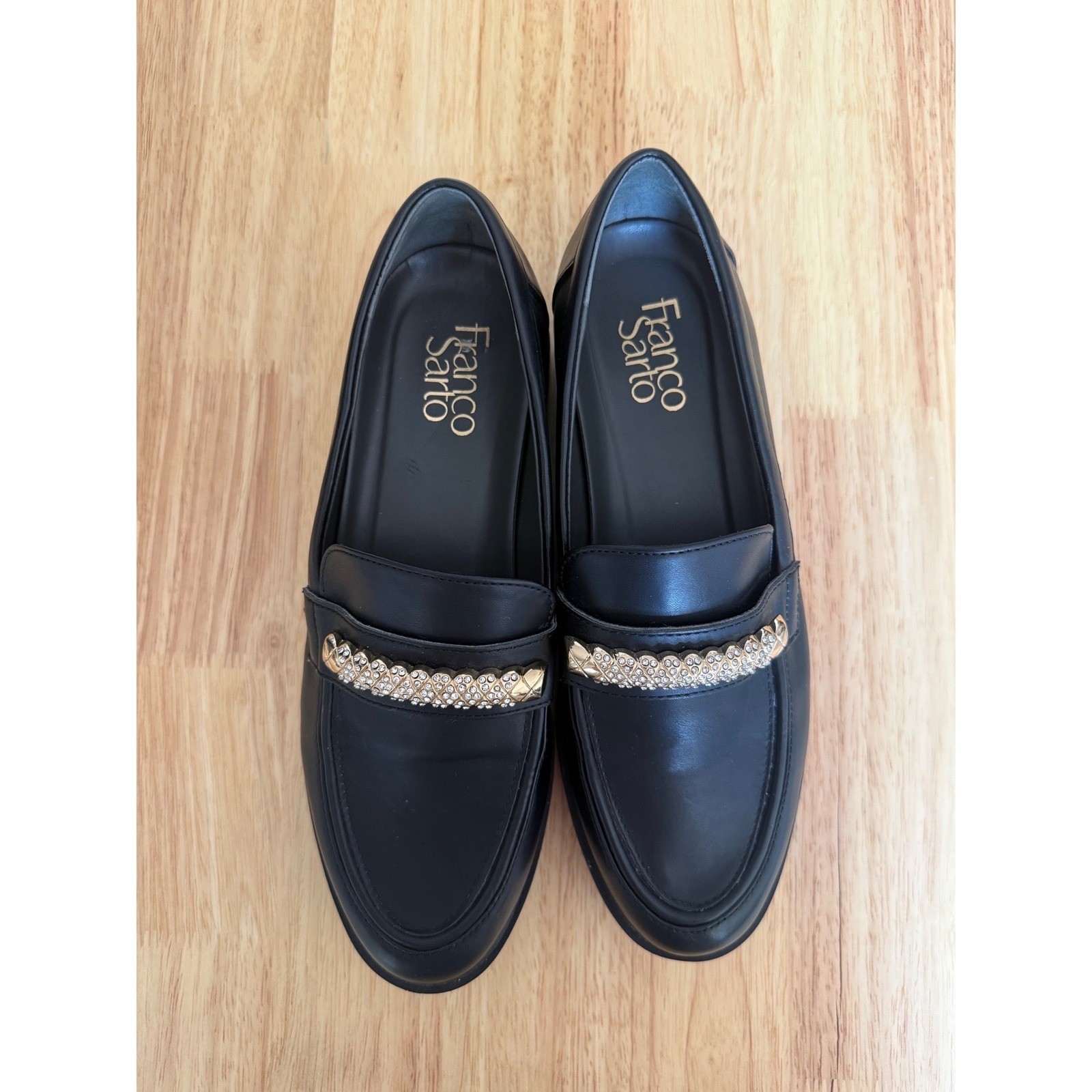 Franco Sarto Carol Bling Black Lug Sole Rhinestone Chain Loafers Mens 7.5M