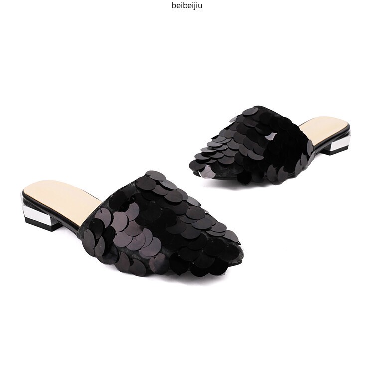 Glitter Sequins Women’s Flat Slipper Pointed Toe Mules Sandals Casual 46/47/48