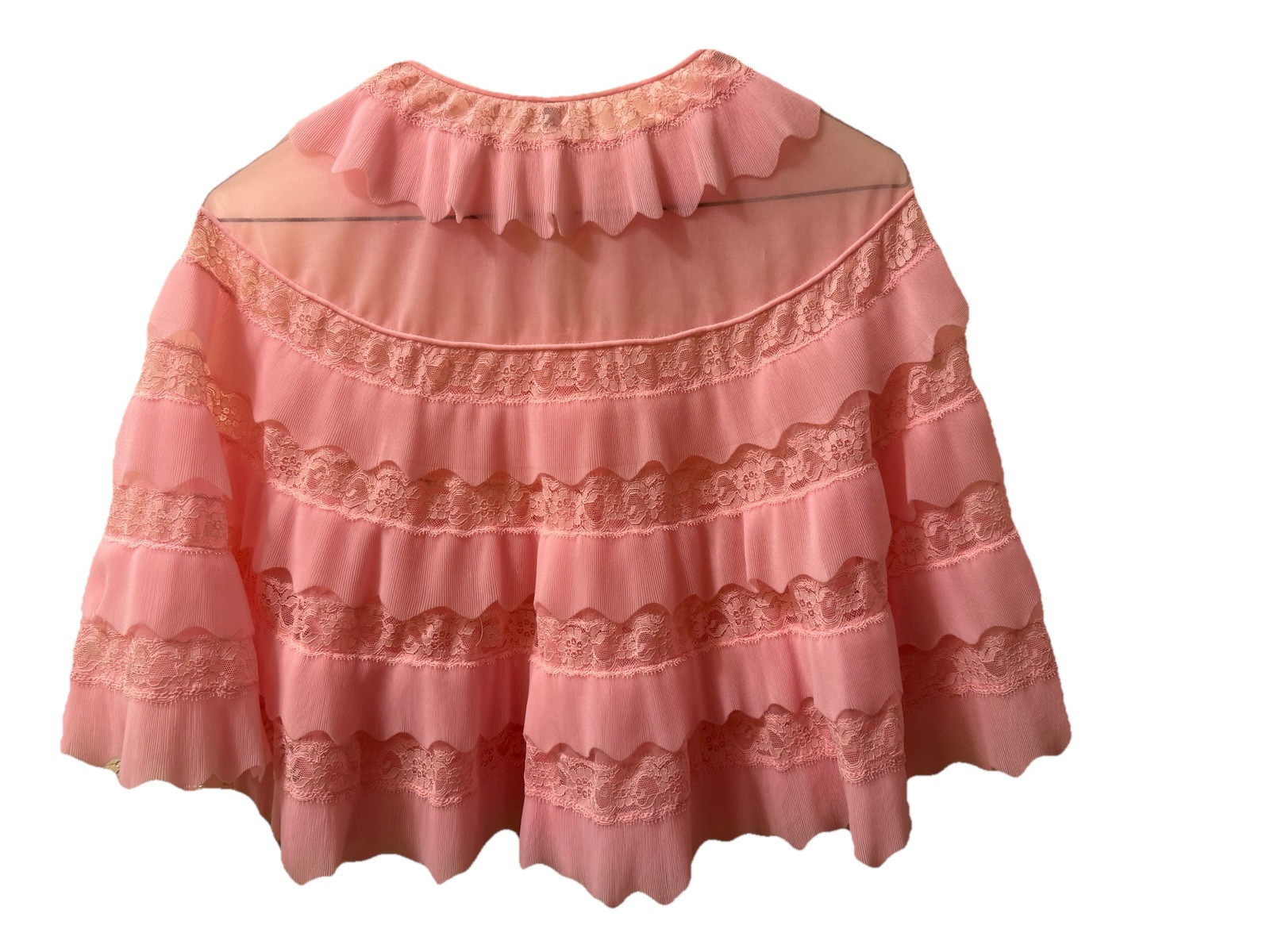 Vintage 50s Kaiser Luxite Pink Sheer Nylon mini pleated lace Ruffle Frilly Shawl