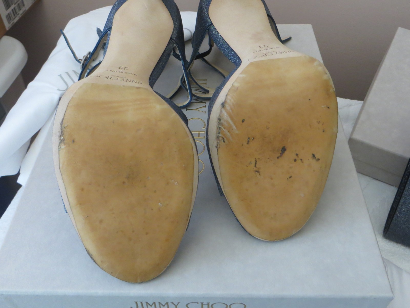 Pre-Owned Jimmy Choo Blue Fine Glitter Strappy Lang Sandal Heels 39M