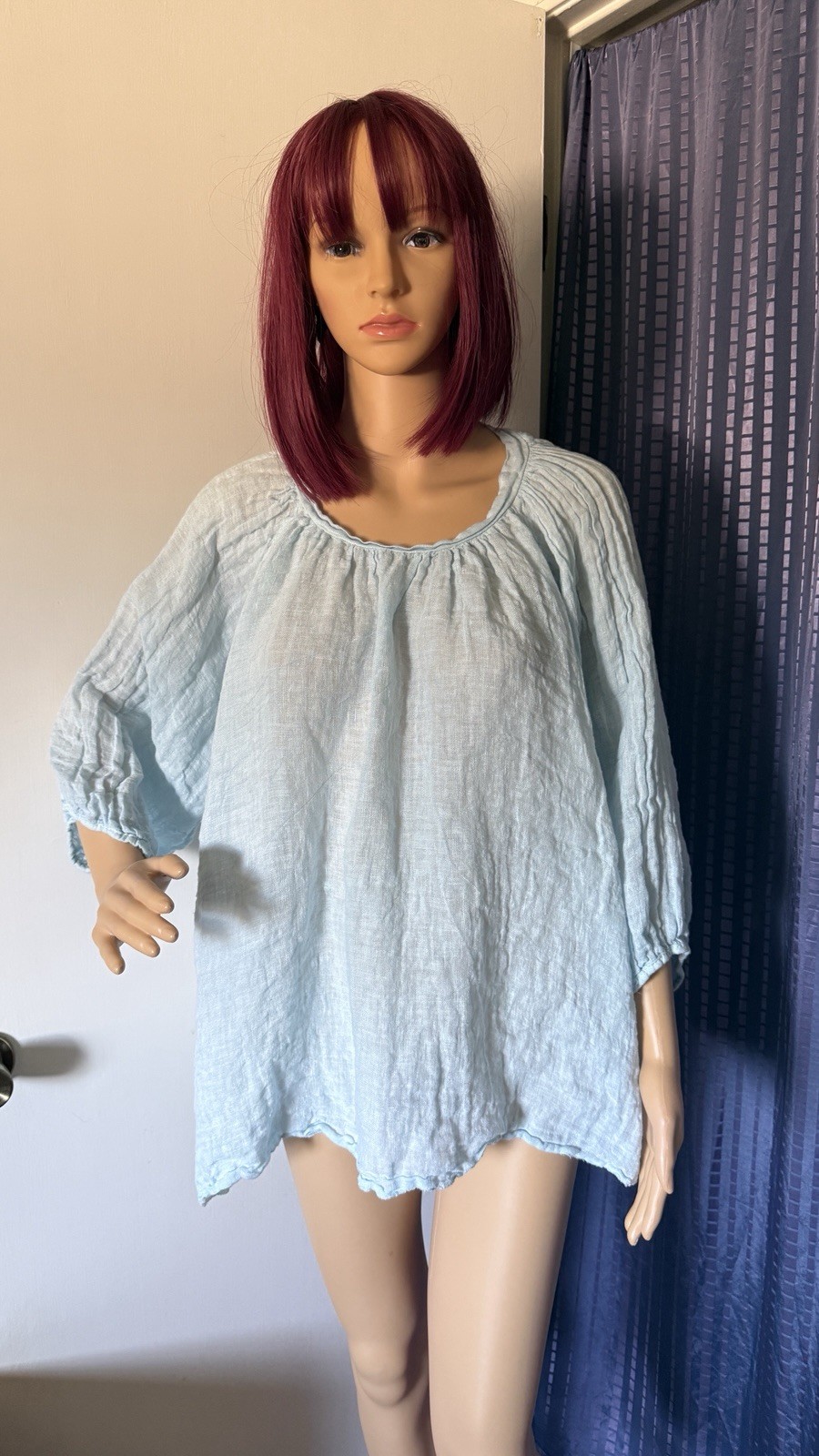 SAGA Italy Washed Sky Blue 100% Linen Gauze Boho Oversized Tunic Top