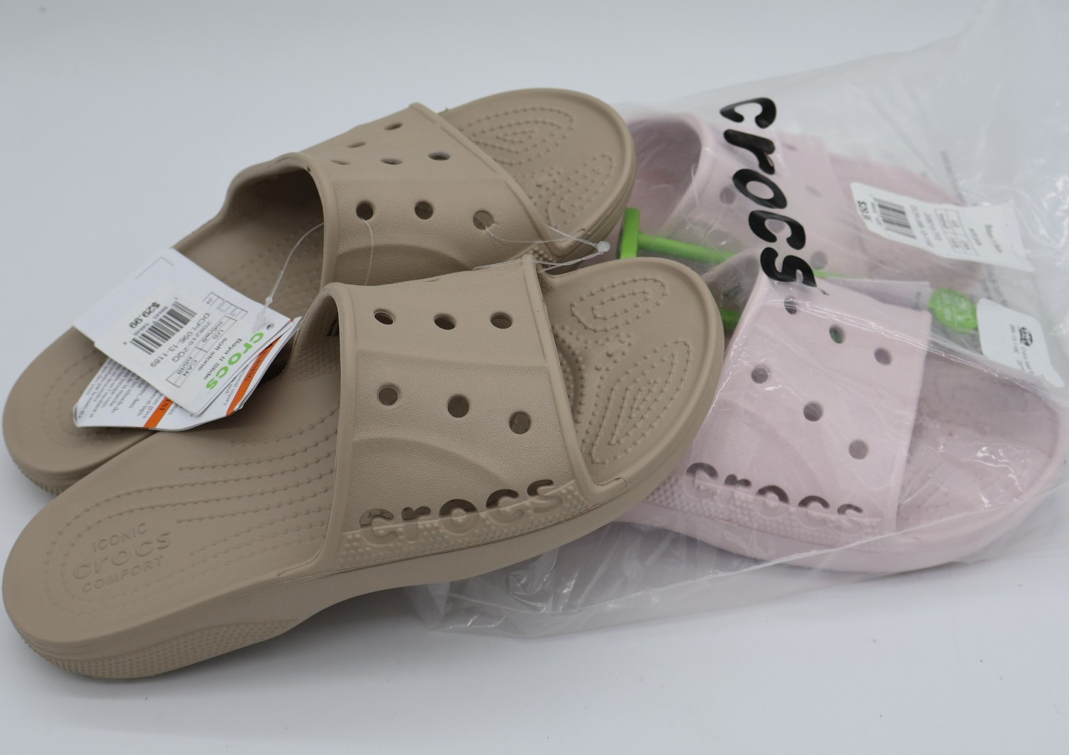 Crocs Baya Slide Sandals Cobblestone Tan & Off Pink Unisex M-6/W-8 Lot of 2