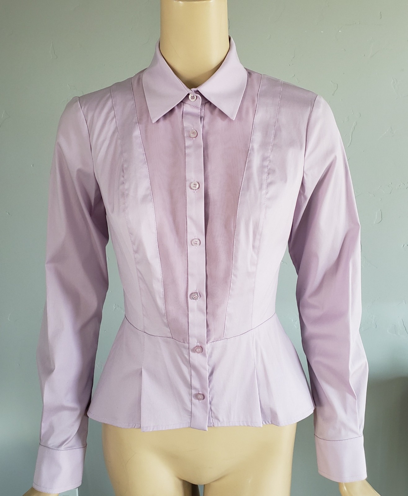 Bebe Lilac Purple Poplin Peplum Structured Long Sleeve Blouse Shirt Small NWT