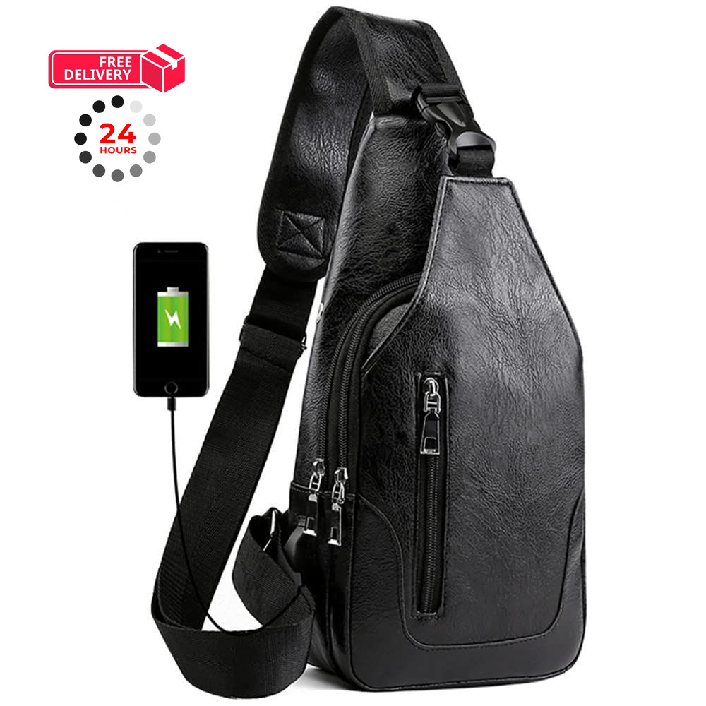 Peicees Leather Sling Bag Mens Crossbody Chest Medium, Verticalzipper/Black