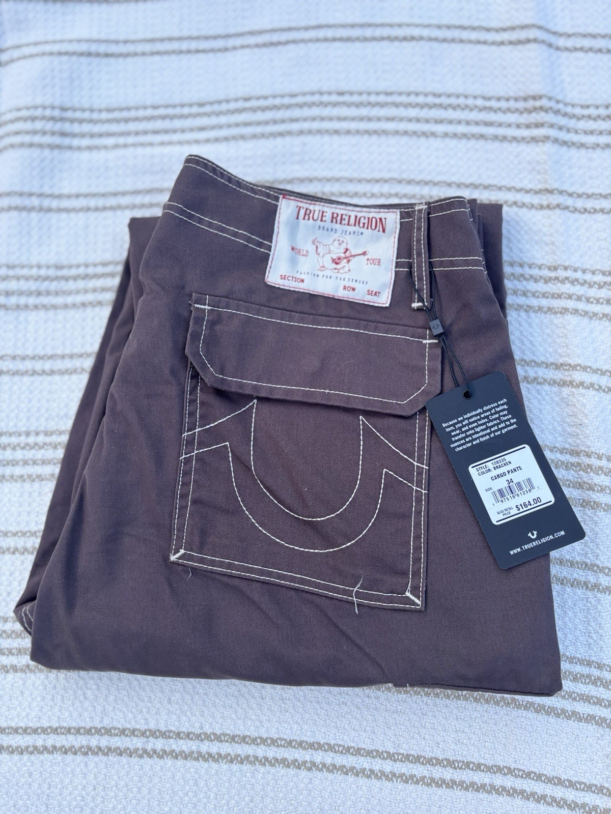 True Religion Men’s Bracken Brown Wide Cargo Pants, Size 34