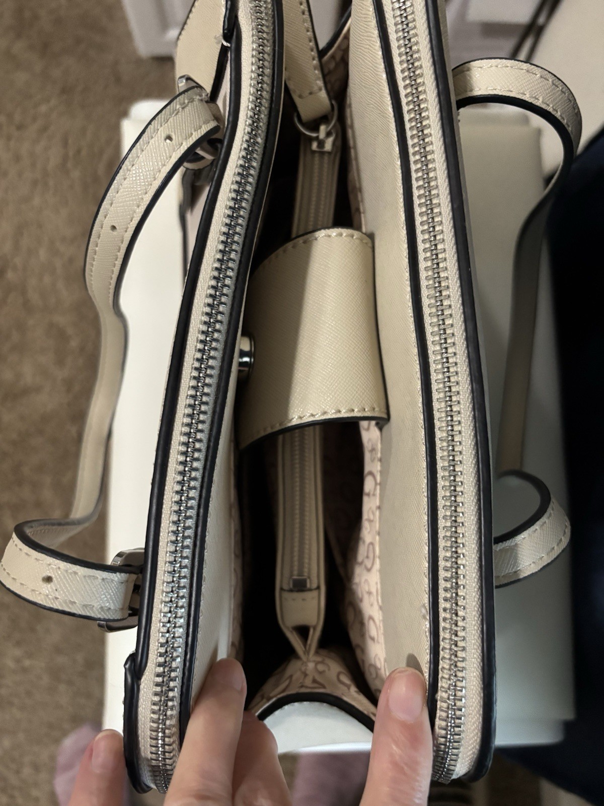 GUESS Beige Double Zip Satchel Top Handle Bag w/ Detachable Strap, Pockets
