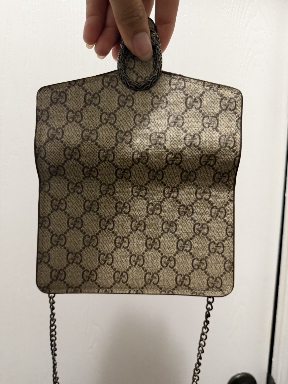 Gucci GG Pattern Crossbody Bag Chain Strap Snap Closure Beige/Red