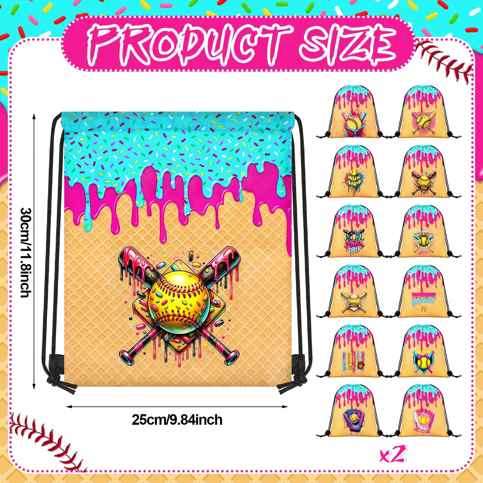 24 Pcs Ice Cream Drip Softball Drawstring Bags Bulk 11.81×9.84 Inch Sport Par…