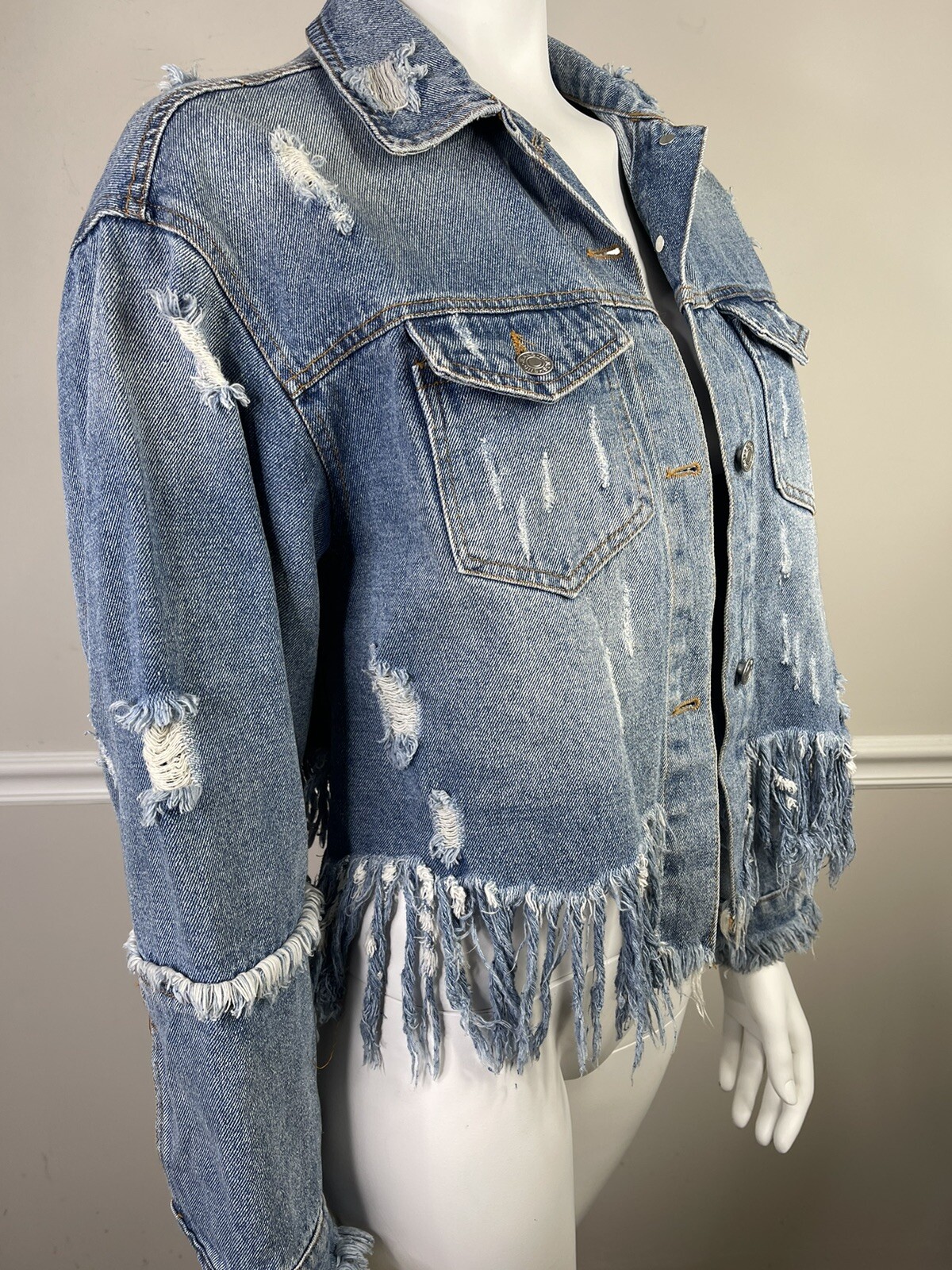 Hengshen M Embroidered Floral Denim Jeans Jacket Distressed Fringe Boho Chic
