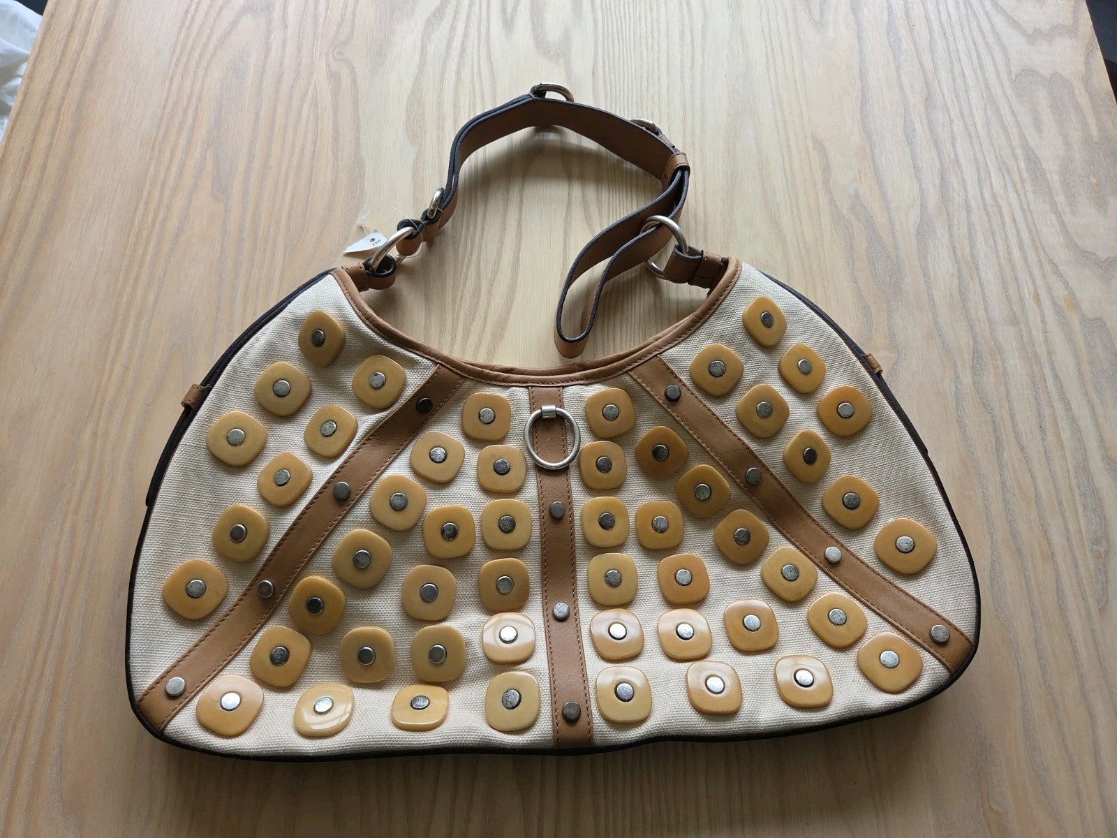 Vintage Yves Saint Laurent Mombasa Wooden Stud Leather Canvas Bag Unused