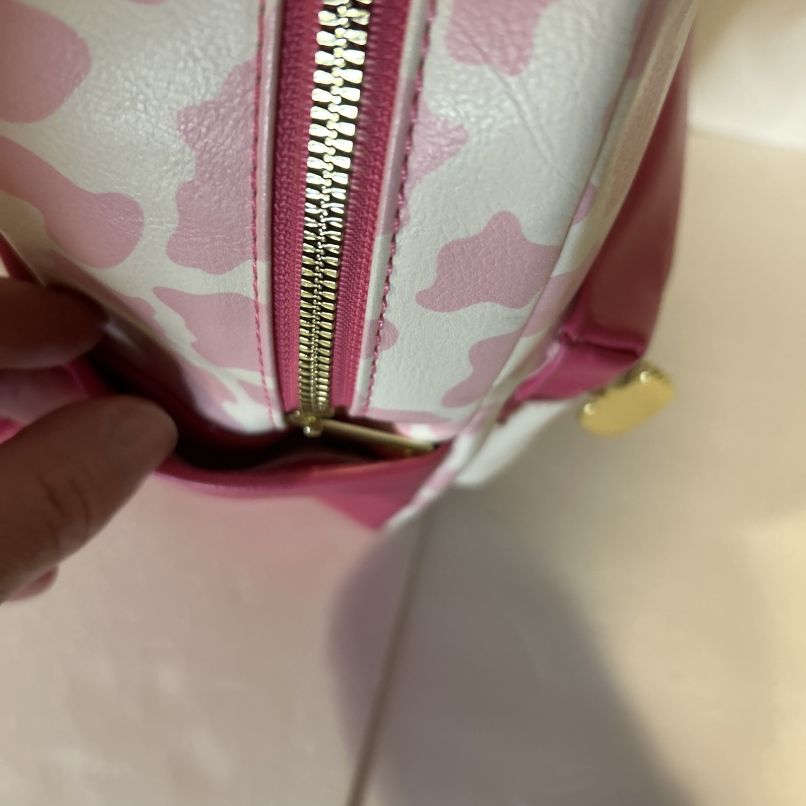 Strawberry Milk Cow Backpack Pink and White Used 11 Inches Gold Hardware Zipper